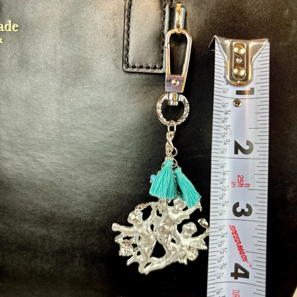 Silver Cherub‎ Keychain with Teal Tassels & Rhinestone Accents Hand Crafted